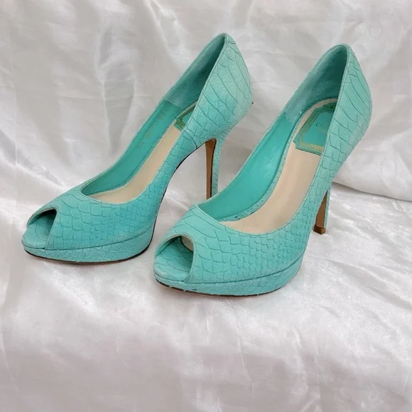 Dior Turquoise Python Embossed Leather Peep-Toe Pumps - Picture 2 of 12